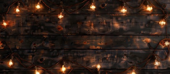 Sticker - Celebration garland of light bulbs on a wooden background providing copy space for text