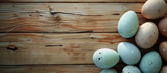 Poster - Easter background featuring eggs on wood Top view with copyspace