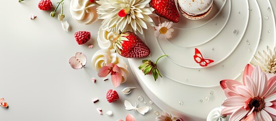 Poster - Lovely white cake adorned with flowers macaroons a butterfly and a strawberry. Copy space image. Place for adding text and design