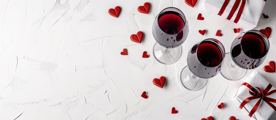 Canvas Print - Composition for Valentine s Day featuring red wine and glasses paper hearts and a gift on a white background with copy space for your text