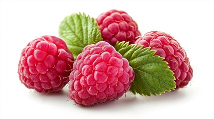 Four ripe red raspberries with green leaves isolated on a white background.