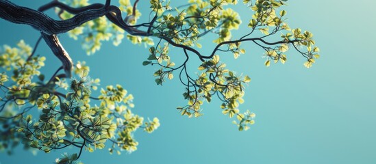 Wall Mural - Tree branch with leaves against a clear blue sky Summer backdrop featuring copy space