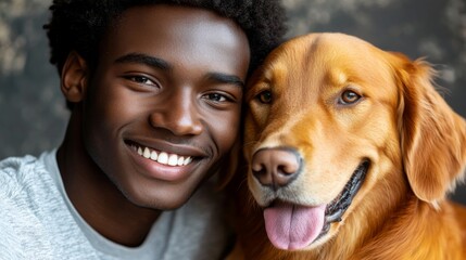 This is an ai-generated image of an African-American man cuddling his fluffy golden retriever at home