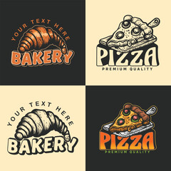 Wall Mural - Bakery pizza vintage hand-drawn logo design vector for restaurant or cafe	