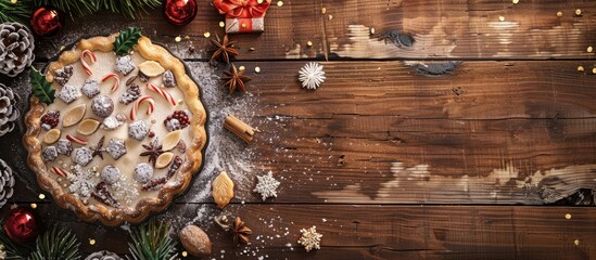 Canvas Print - Stollen Classic Christmas Marzipan Pie Decorations Wooden Table Background Featuring Copy Space