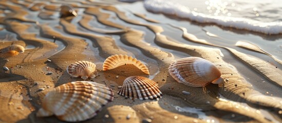 Canvas Print - Seashells on sand with numerous lines drawn in it beach setting. Copy space image. Place for adding text and design