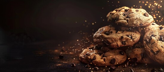 Poster - Delicious chocolate chip cookies being topped. Copy space image. Place for adding text and design