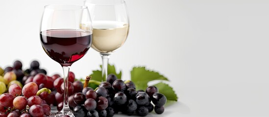 Glasses of red and white wine at a tasting accompanied by grapes and a space for text. Copy space image. Place for adding text and design