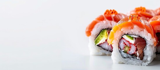 Sticker - Modern Japanese cuisine features sushi rolls with shrimp and roast beef A close up of sushi includes avocado and salmon Healthy seafood options Fish Dieting balanced meals Copy space Japanese cuisine