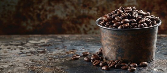 Wall Mural - Coffee beans in a tin measuring cup set against a dark rustic background Low key lighting with shallow depth of field. Copy space image. Place for adding text and design