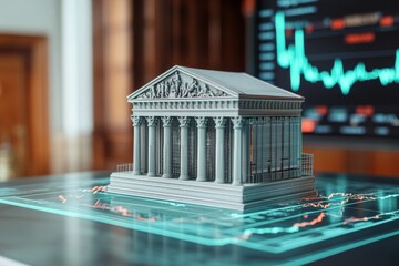 This image displays a detailed miniature model of a Greek-style building set against a digital backdrop illustrating a dynamic stock market graph.