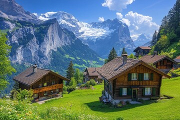 Wall Mural - A scenic view of charming wooden houses nestled in a lush green valley. Beautiful mountains rise majestically in the background. Perfect for nature lovers. Generative AI