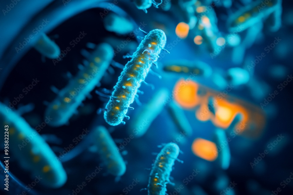 Artistic representation of bacteria illuminated in blue, magnified to ...