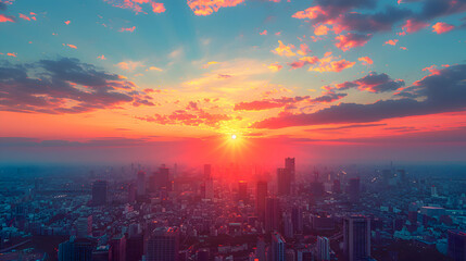 Wall Mural - A vibrant 2D image of a city skyline during sunset