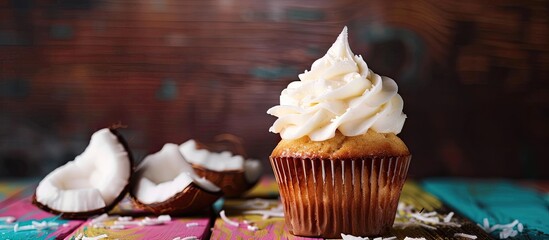 Wall Mural - Tasty coconut cupcake topped with cream on a colorful wooden table against a dark background. Copy space image. Place for adding text and design