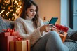 © ChaoticMind - A young woman in a cozy knit sweater opens a gift while seated by a Christmas tree, with wrapped presents around her, enjoying a peaceful and festive holiday moment.