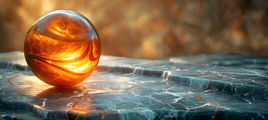 Wall Mural - A vibrant close-up of a glassy 3D object casting reflections on a textured marble surface