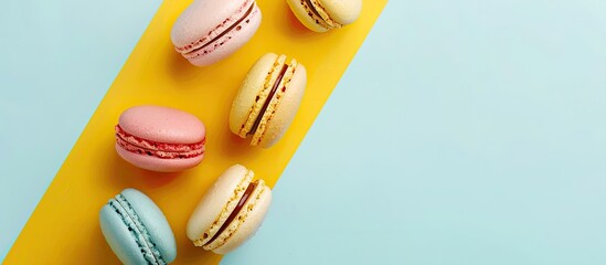 Wall Mural - Top view of vibrant macarons or macaroons on a yellow and light blue background. Copy space image. Place for adding text and design