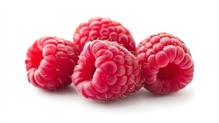 Four ripe red raspberries isolated on a white background.