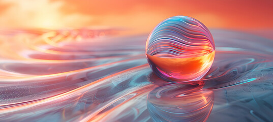 Wall Mural - A vibrant close-up of a glassy 3D object casting reflections on a textured marble surface