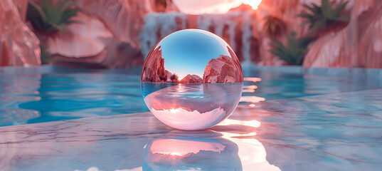 Wall Mural - A vibrant close-up of a glassy 3D object casting reflections on a textured marble surface