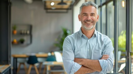 Wall Mural - Smiling handsome businessman with crossed arms in modern office, middle-aged gray-haired man exuding confidence, business success concept.