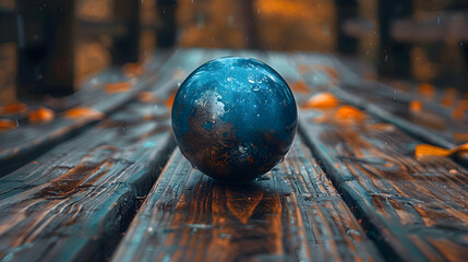 Wall Mural - A vibrant close-up of a metallic 3D object resting on a textured wooden surface, with ambient lighting