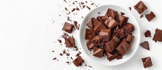 Poster - Plate with delicious chocolate brownie pieces on a white background. Copy space image. Place for adding text and design