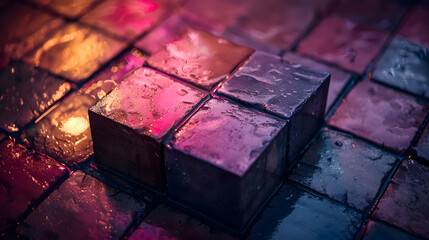 Wall Mural - A vibrant close-up of a metallic 3D object resting on a textured wooden surface, with ambient lighting