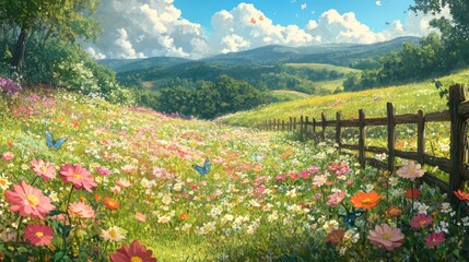 Wall Mural - A serene meadow carpeted with a tapestry of wildflowers 