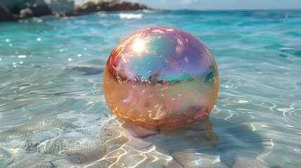 Wall Mural - A vibrant close-up of a metallic 3D object partially submerged in clear water, with light refracting through it