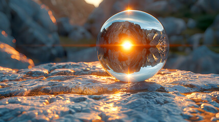 Wall Mural - A vibrant close-up of a metallic 3D object resting on a textured stone surface, under dramatic lighting