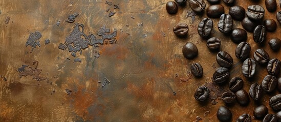 Wall Mural - Black coffee beans on a vintage background. Copy space image. Place for adding text and design