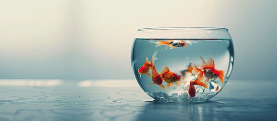 Aquarium containing small goldfish on a white background. Copy space image. Place for adding text and design