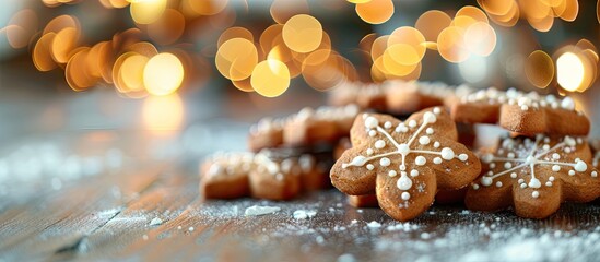 Canvas Print - Decorated cookies on a grey table with blurred Christmas lights in the background closeup. Copy space image. Place for adding text and design