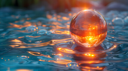 Wall Mural - A vibrant close-up of a metallic 3D object partially submerged in water, with light reflecting off its surface