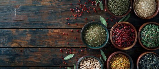 Sticker - Colorful dry spices and legume plants placed in bowls Rustic wooden kitchen table Top view. Copy space image. Place for adding text and design