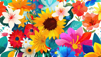 Wall Mural - A vibrant and colorful illustration of various flowers, including sunflowers, daisies, roses, and lilies in the center on a white background.