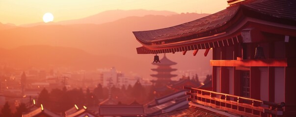 Wall Mural - A beautiful sunset over a city with a red roof on a building