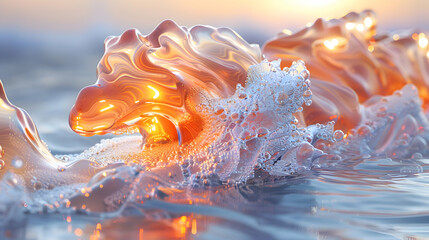 Wall Mural - A vibrant close-up of a metallic 3D object partially submerged in clear water, with light refracting through it