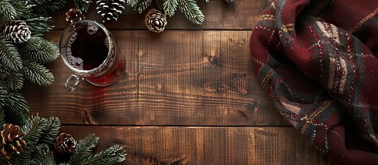 Wall Mural - Christmas background featuring mulled wine spruce branches and a cozy winter scarf Top view with copy space