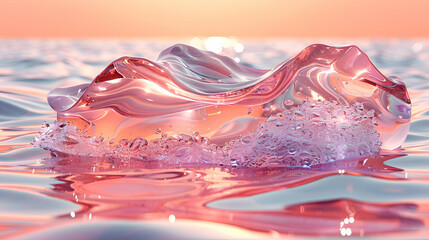 Wall Mural - A vibrant close-up of a metallic 3D object partially submerged in water, with light reflecting off its surface