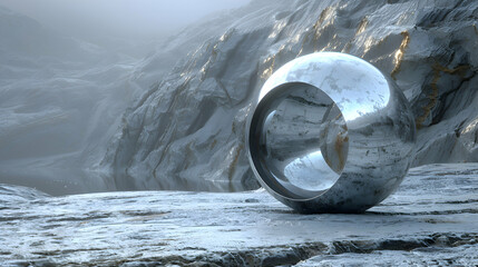 Wall Mural - A vibrant close-up of a metallic 3D object resting on a textured stone surface, under dramatic lighting