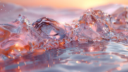 Wall Mural - A vibrant close-up of a metallic 3D object partially submerged in water, with light reflecting off its surface