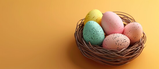 Poster - Horizontal Easter eggs in a basket. Copy space image. Place for adding text and design