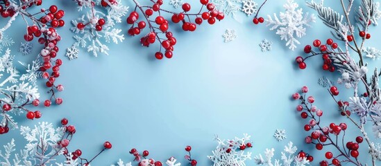 Wall Mural - Christmas or winter arrangement A frame created with snowflakes and red berries set against a pastel blue background Concept of Christmas winter and New Year Flat lay top view copyspace