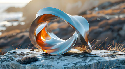 Wall Mural - A vibrant close-up of a metallic 3D object resting on a textured stone surface, under dramatic lighting