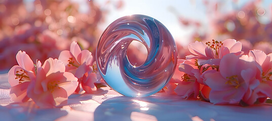 Wall Mural - A vibrant close-up of a metallic 3D object intertwined with delicate flowers under soft morning light