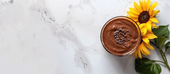 Poster - Chocolate smoothie in a glass with a sunflower on a white textured surface Top view flat lay copyspace