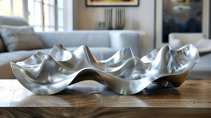 Wall Mural - A vibrant close-up of a metallic 3D structure resting on a polished wooden table, with dramatic lighting